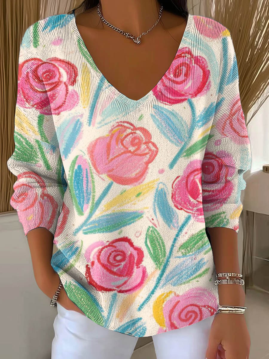 womens-vintage-floral-art-print-casual-pullover-sweater-1s39