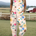 Women's  Bee Vintage  Flowers Art  Print Casual 100% Cotton Wide Leg Jumpsuit