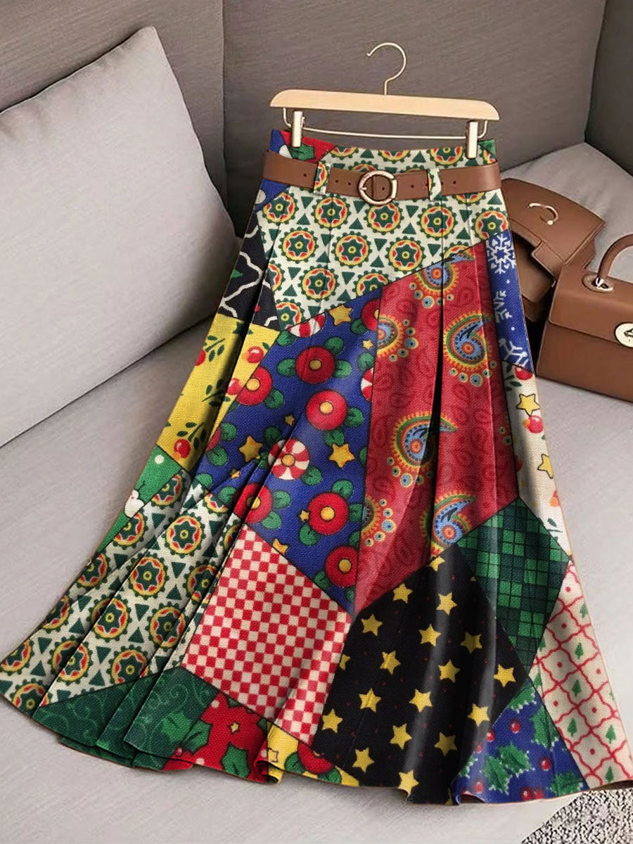 Women's Retro Splicing Flowers Pattern Casual Print Cotton Skirt