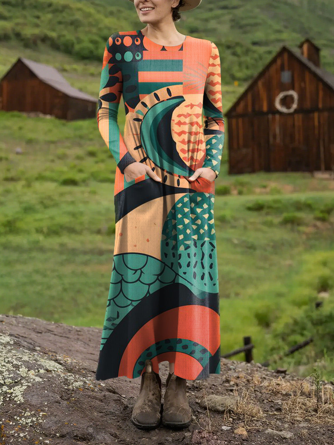 Women's Beautiful Abstract Geometric Painting Art Print Long-sleeved Dress