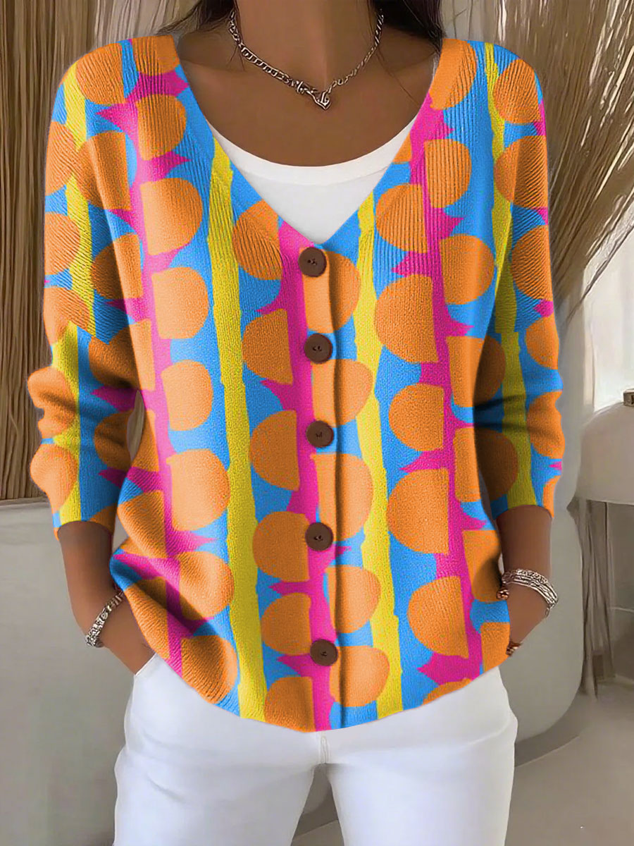 Gradient Colors Print Buttoned V-neck Cardigan Sweater