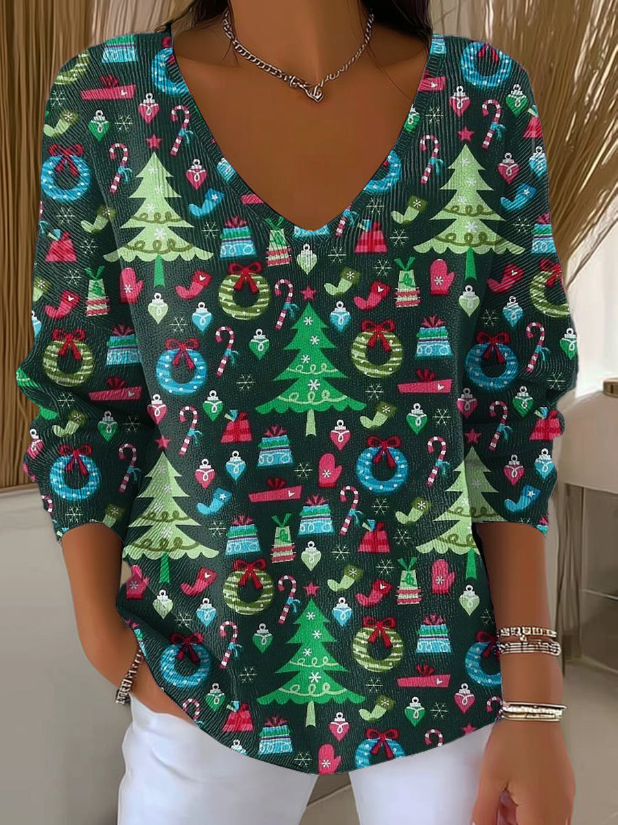 Women's Beautiful Christmas Tree Gift Pattern Art Print Casual Pullover Sweater