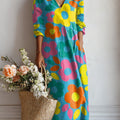 Women's Colorful Abstract Floral Painting Art Print Linen Pocket Dress