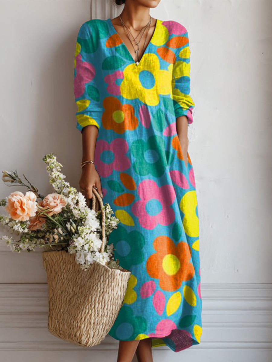 Women's Colorful Abstract Floral Painting Art Print Linen Pocket Dress