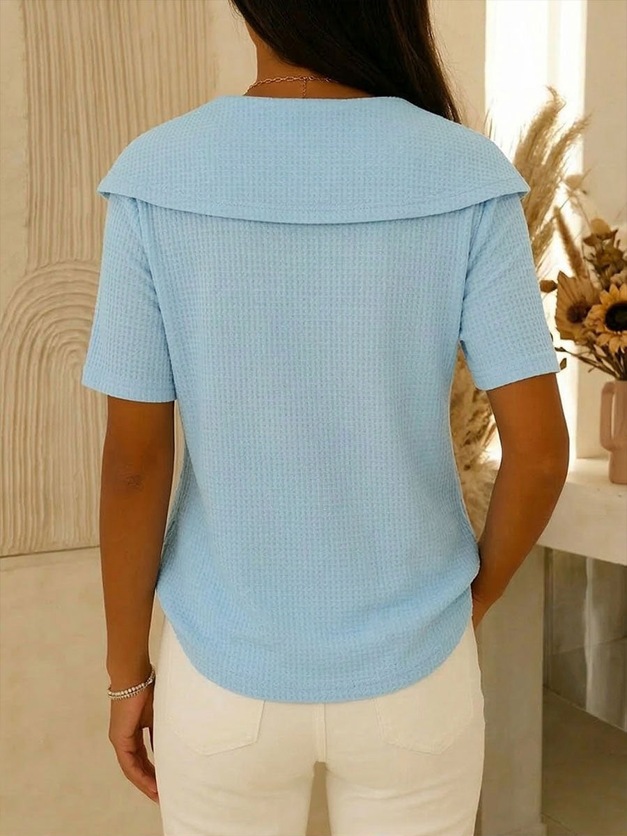 Women's V-neck Short-sleeve Casual Loose Waffle-knit Cotton Top
