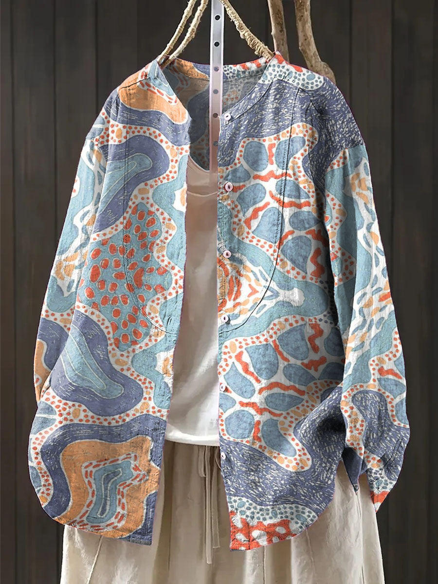 Women's Colorful Waves Mixed With Polka Dots Art Print Casual Cotton And Linen Shirt