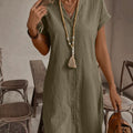 Women's Solid Color Cotton And Linen V-neck Button Loose Casual Dress