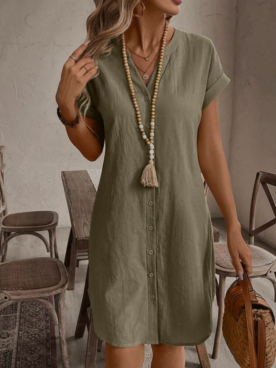 Women's Solid Color Cotton And Linen V-neck Button Loose Casual Dress