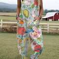 Women's  Vintage Flower Art Print Casual 100% Cotton Wide Leg Jumpsuit