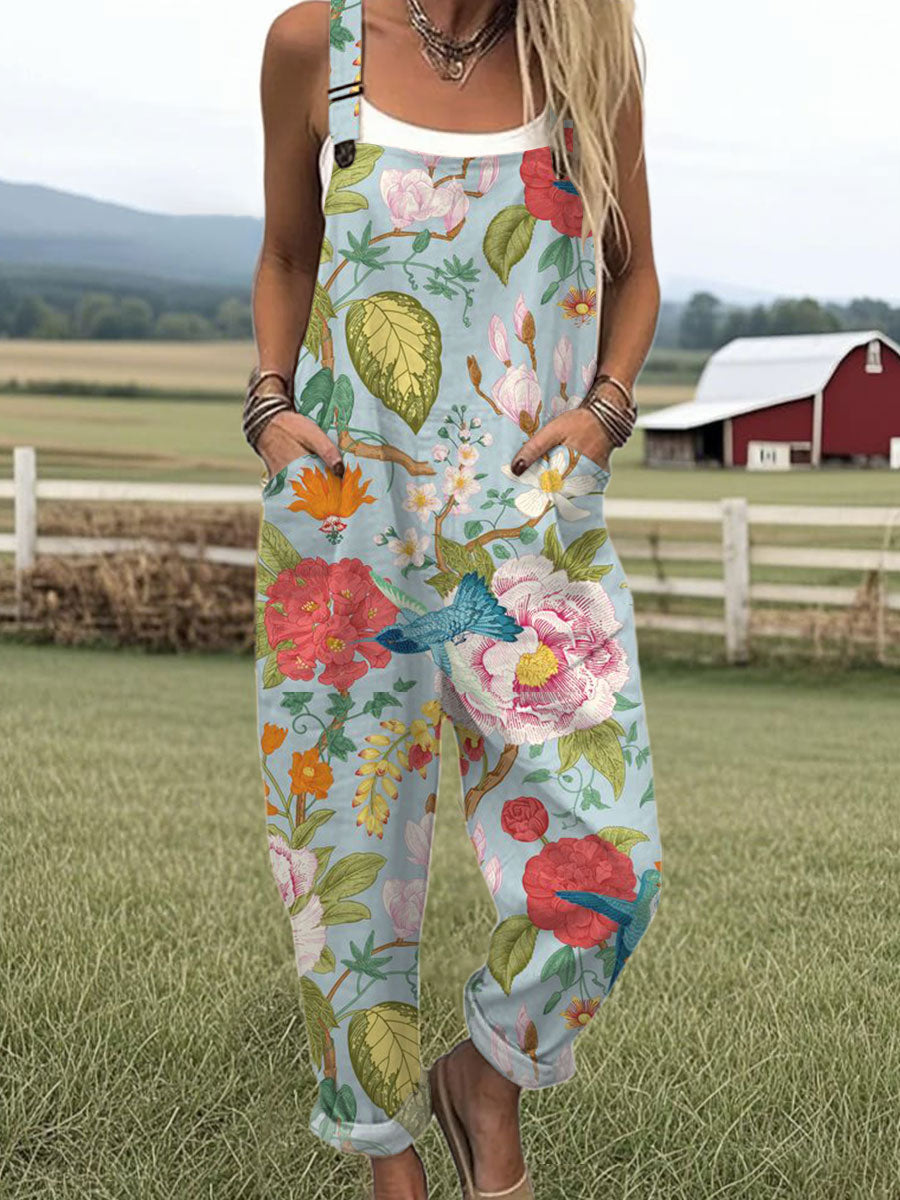 Women's  Vintage Flower Art Print Casual 100% Cotton Wide Leg Jumpsuit