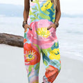 Women's  Vintage Floral Art Print Casual 100% Cotton Wide Leg Jumpsuit