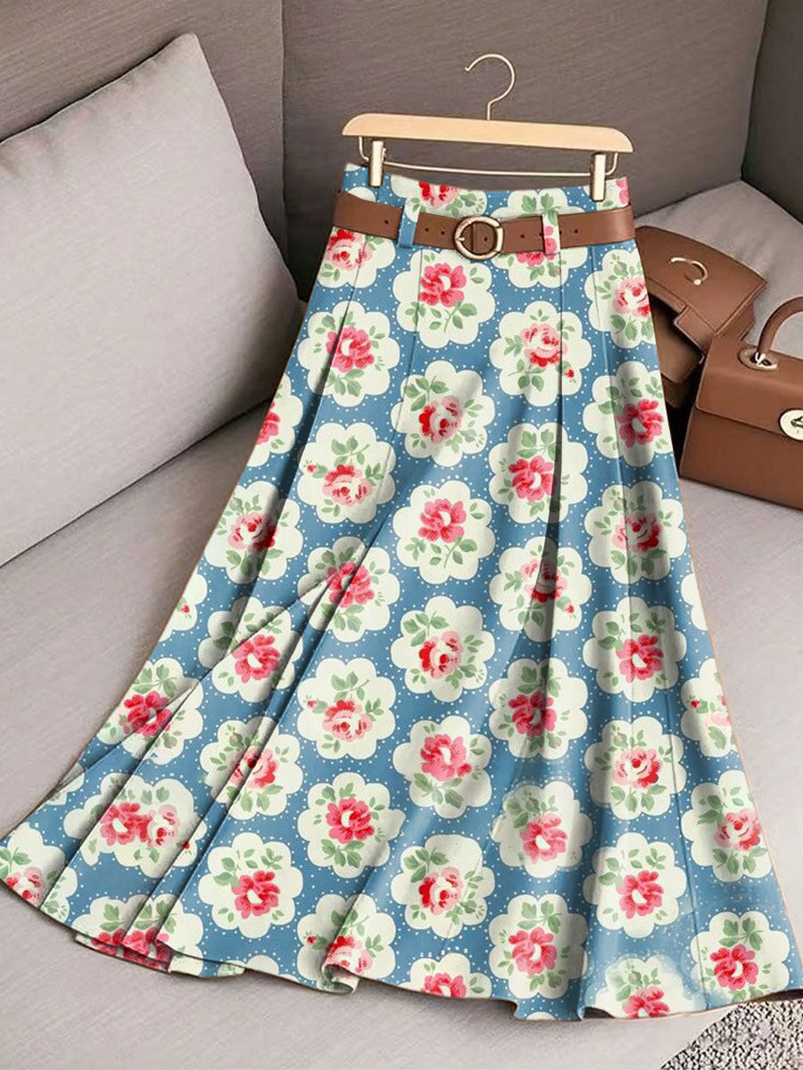 Women's Vintage Flower Art Print Cotton Skirt