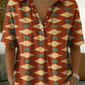 Women's Retro Color-block Geometric Print Cotton-linen Short-sleeve Shirt