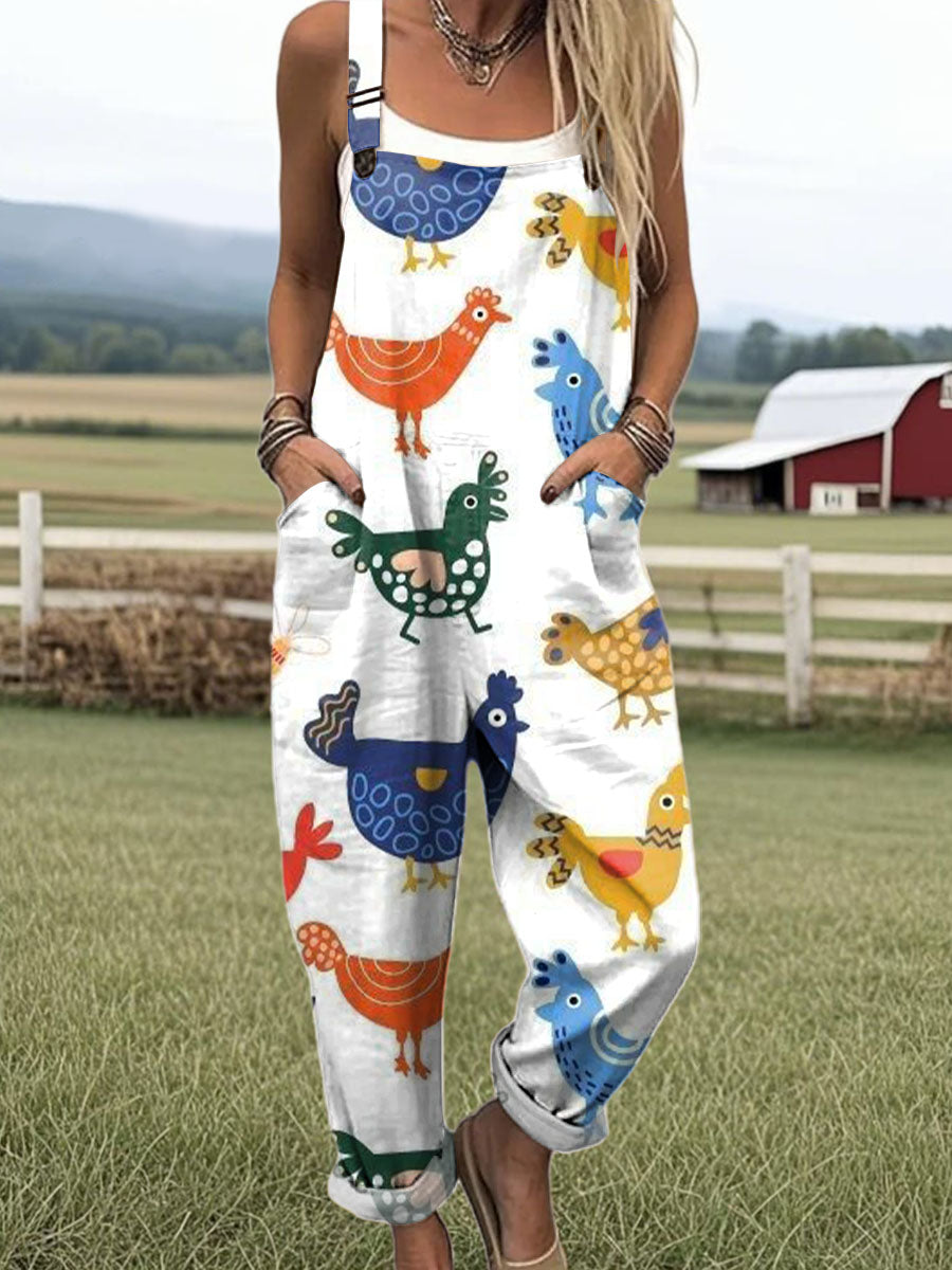 Women's Art Abstract Colourful Chick Print Casual 100% Cotton Wide Leg Jumpsuit