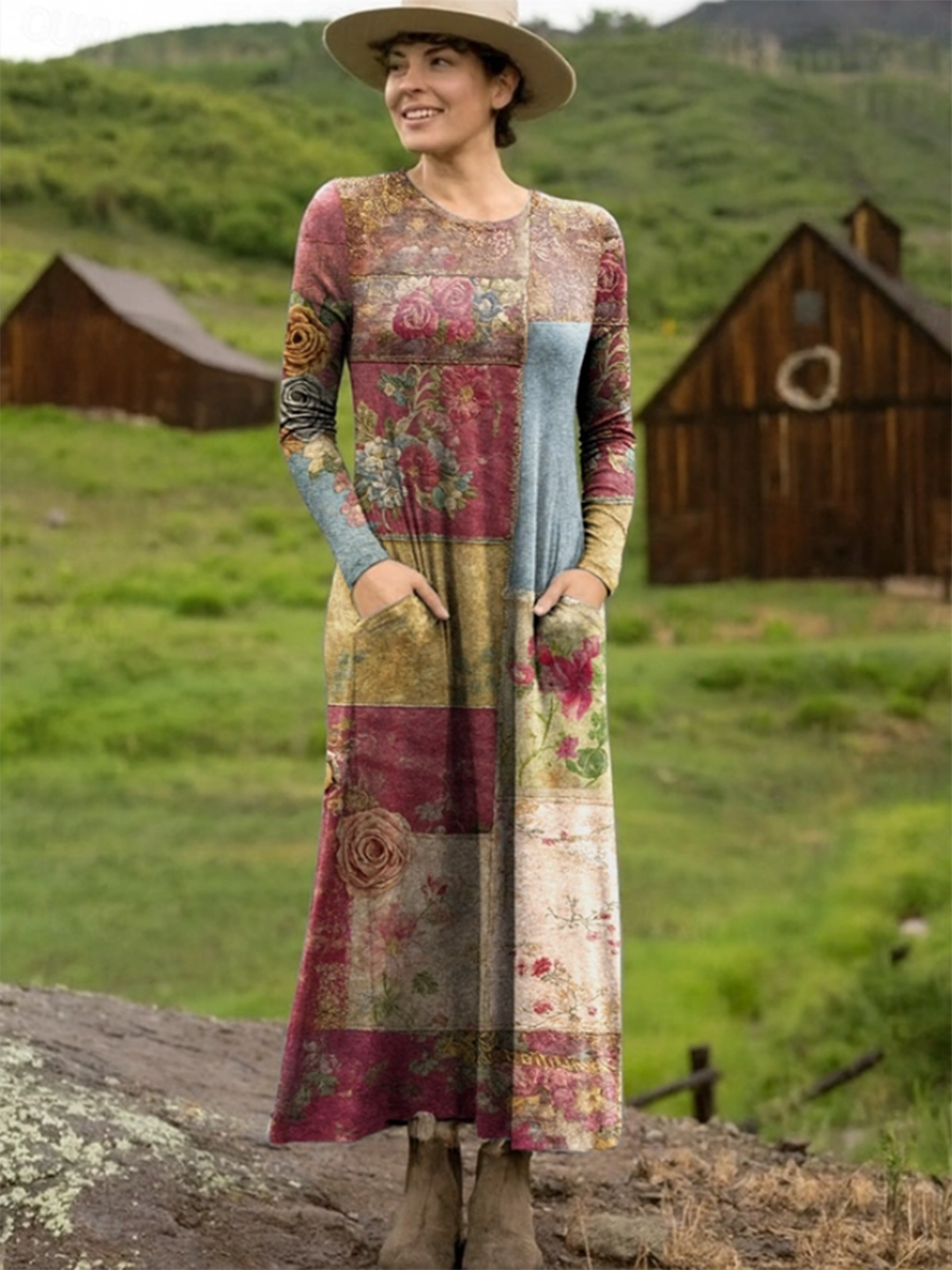 Autumn and Winter Retro Flower Patchwork Print Stretch Dress