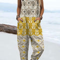 Women's Vintage Abstract Geometric Art Print Casual 100% Cotton Wide Leg Jumpsuit