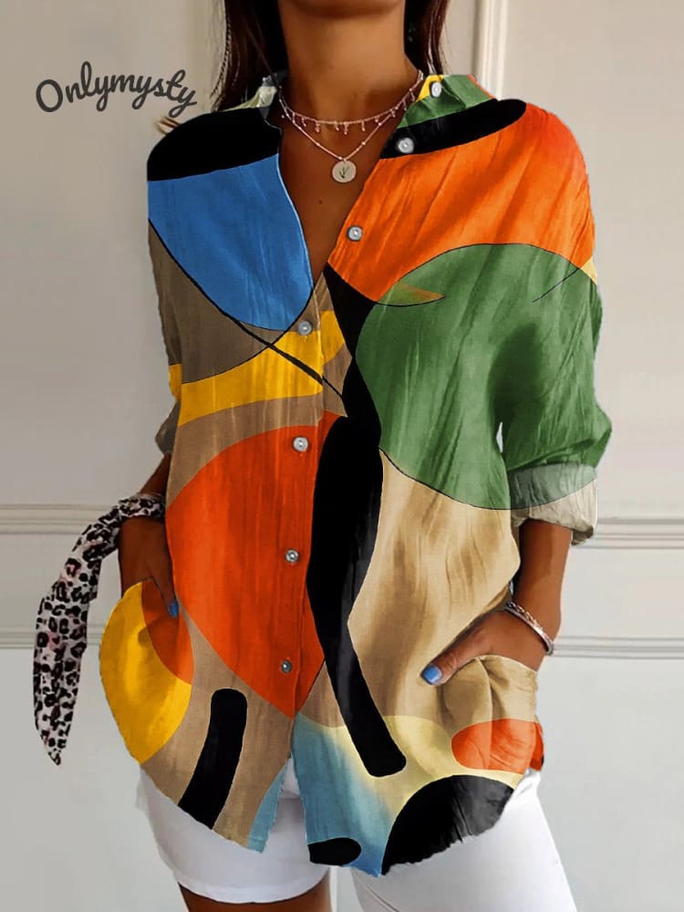 Women's  Minimalism Abstract Geometry Retro  Art  Print Casual Cotton Shirt