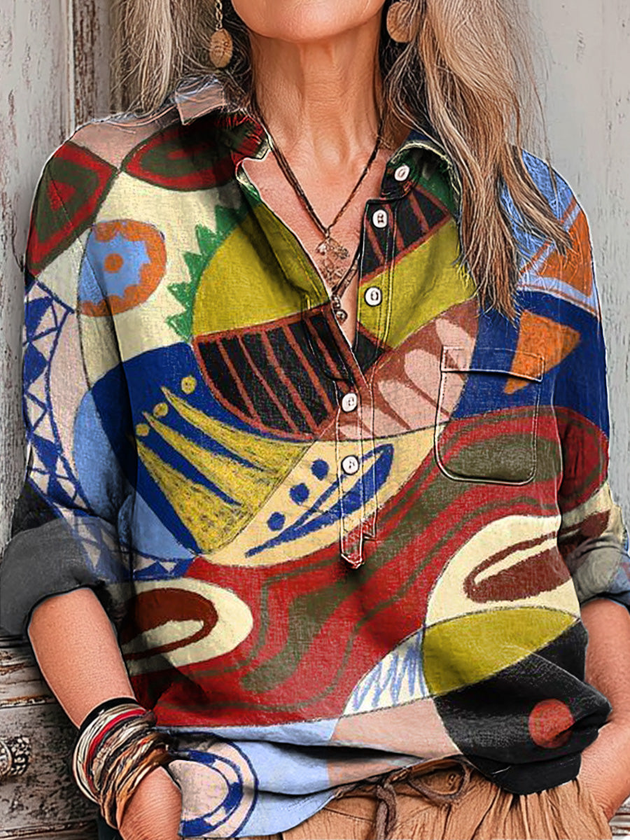 Women's Abstract Colorful Geometric Graffiti Painting Art Print Casual Cotton And Linen Shirt