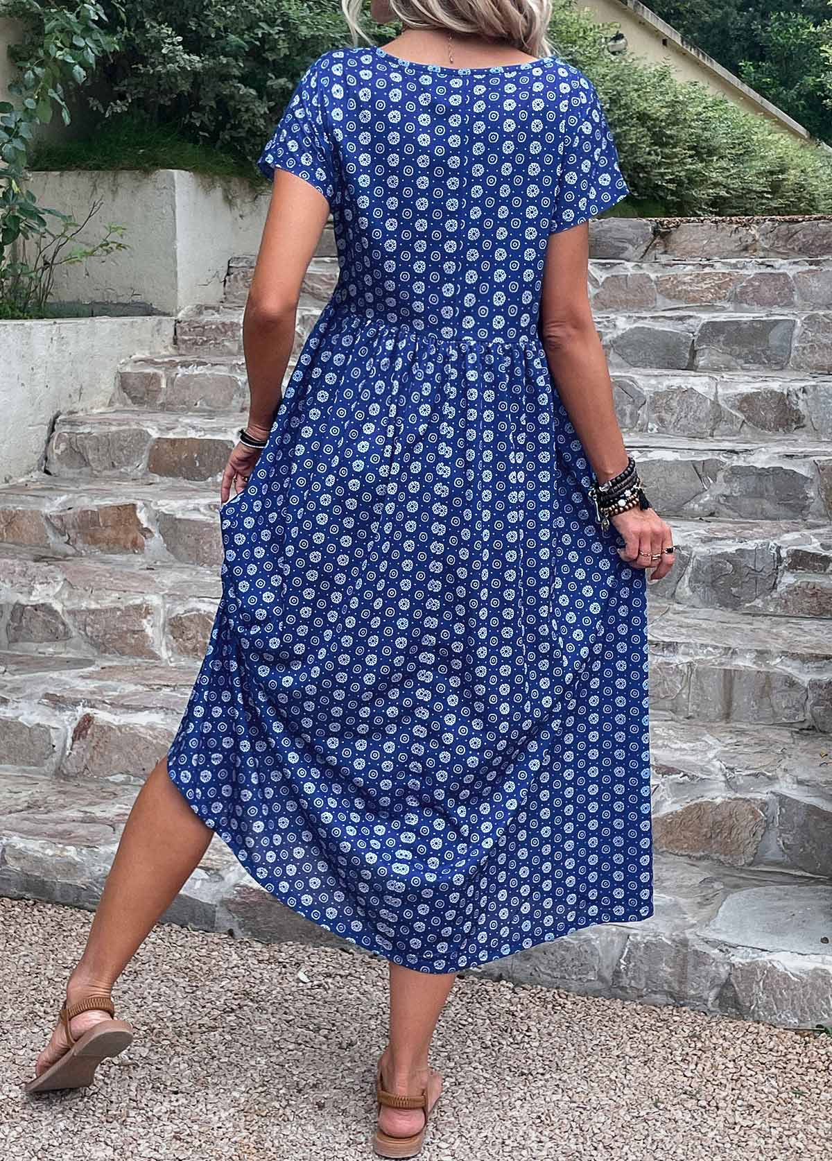 Dark Blue Pocket Geometric Print A Line Dress
