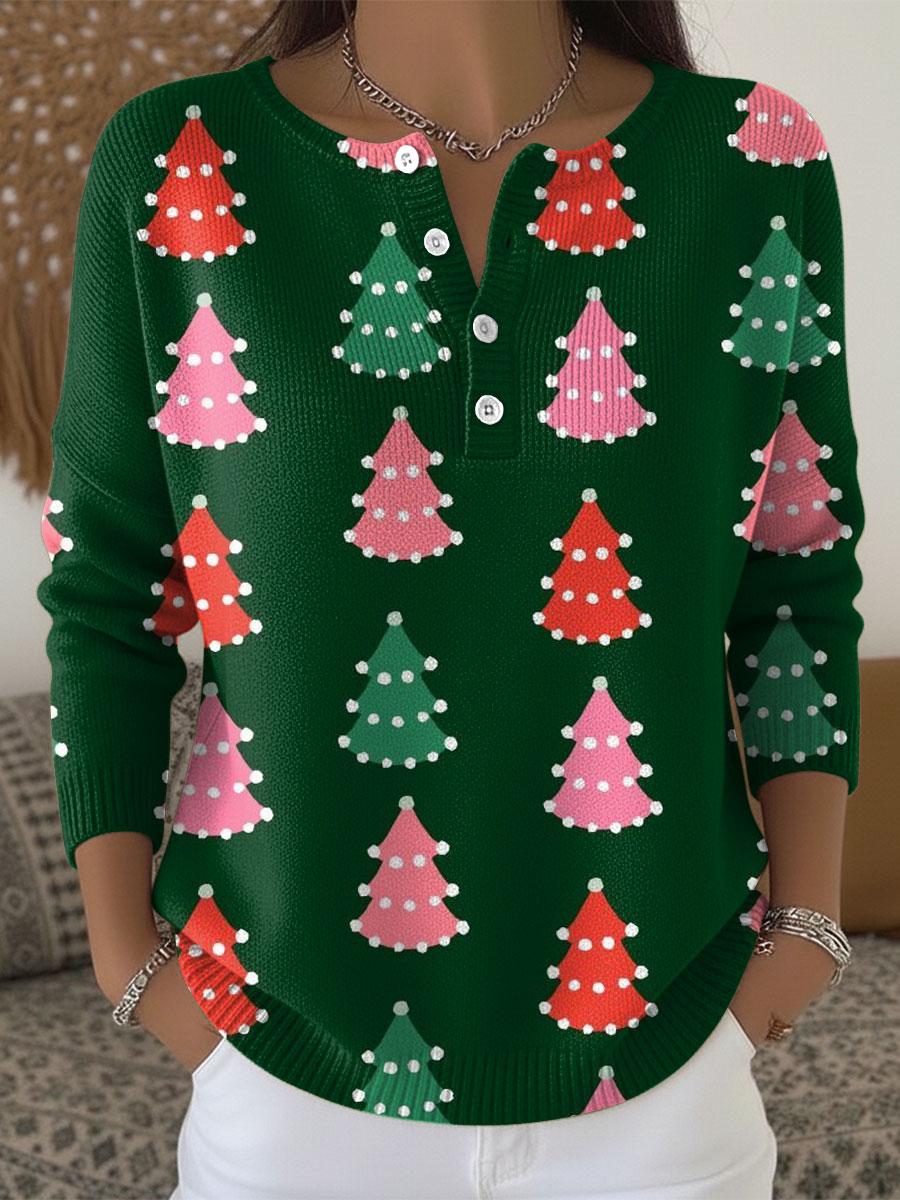 Women's Christmas Trees Pattern Art Print Buttoned Cardigan Sweater