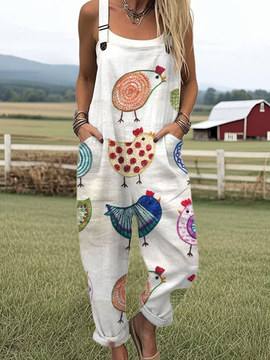 Women's  Funny Chicken Art Print Casual 100% Cotton Wide Leg Jumpsuit