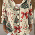 Women's Lovely Christmas Tree Art Printed Casual Hooded Button Sweater