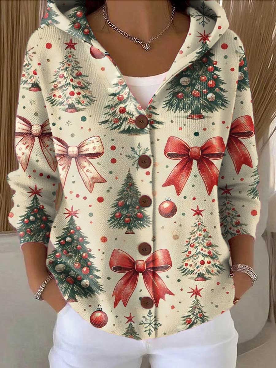 Women's Lovely Christmas Tree Art Printed Casual Hooded Button Sweater