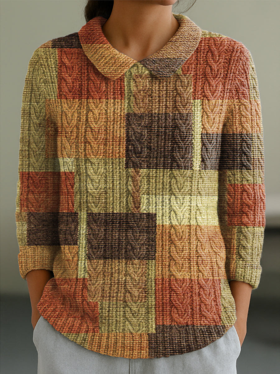 womens-vintage-multicolor-geometric-check-art-print-casual-peter-pan-collar-3-4-sleeve-sweater-8yom