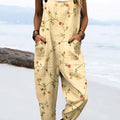 Women's Vintage Flower Art Print Casual 100% Cotton Wide Leg Jumpsuit