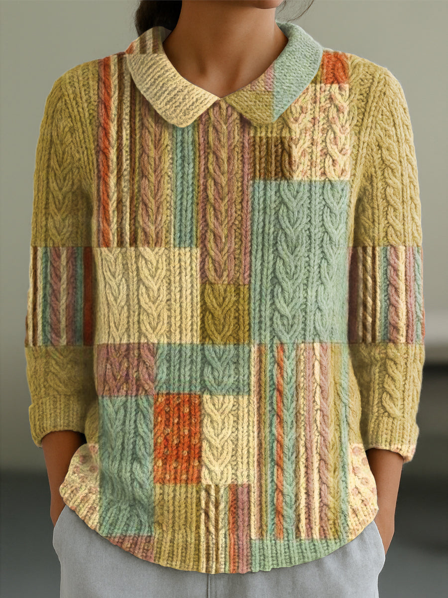 womens-vintage-multicolor-geometric-check-art-print-casual-peter-pan-collar-3-4-sleeve-sweater-5dxd