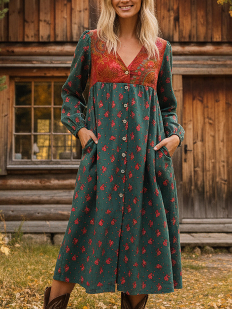 Boho Floral Patchwork Print V-neck Long-sleeved Dress