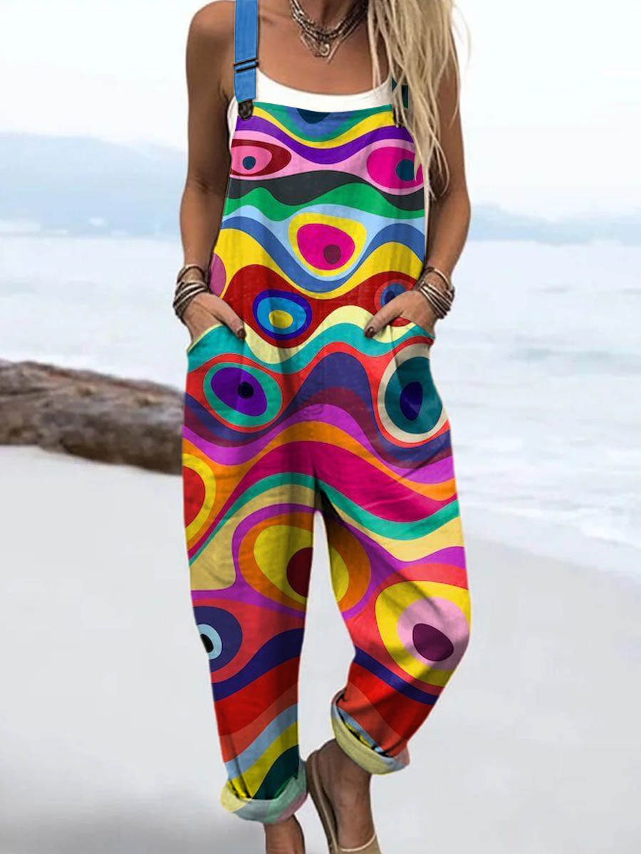 Women's Abstract Geometric Pattern Art Print Casual 100% Cotton Wide Leg Jumpsuit