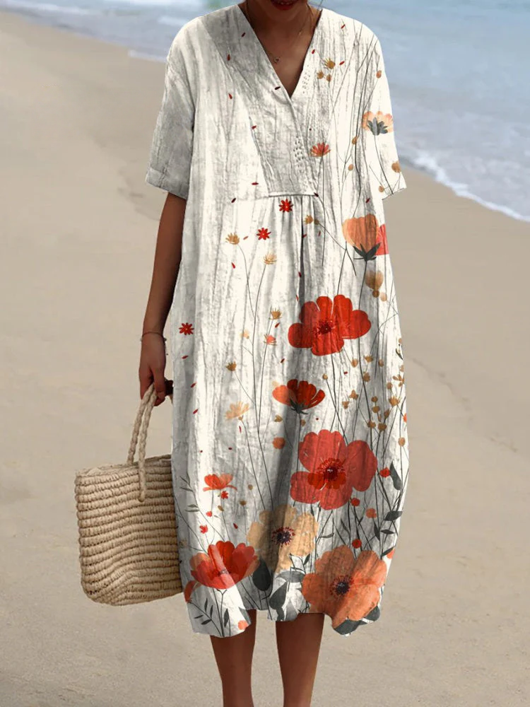 Watercolor Poppy Floral Art Pattern Printed Women's Flowy Dress