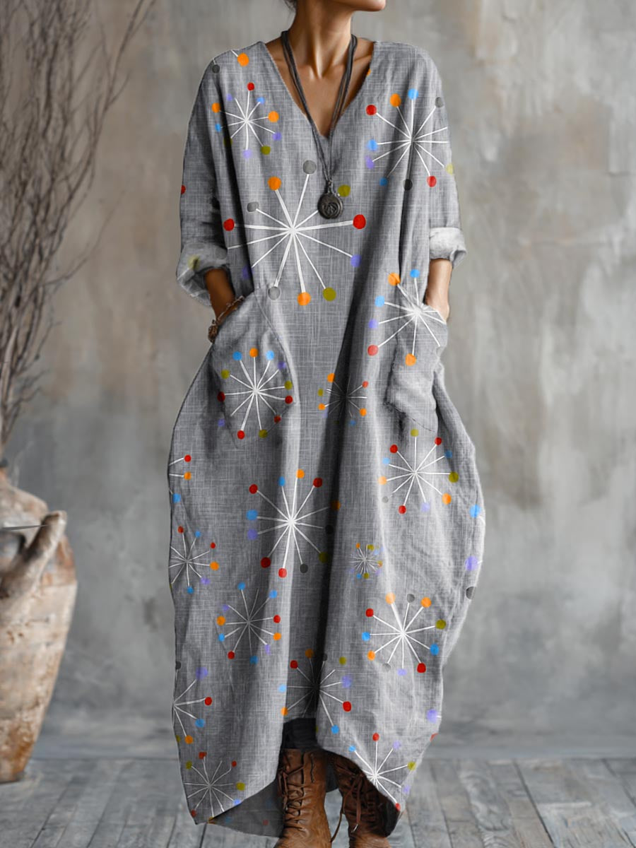 Women's Abstract Art Pattern Print Pocket V-neck Cotton Dress