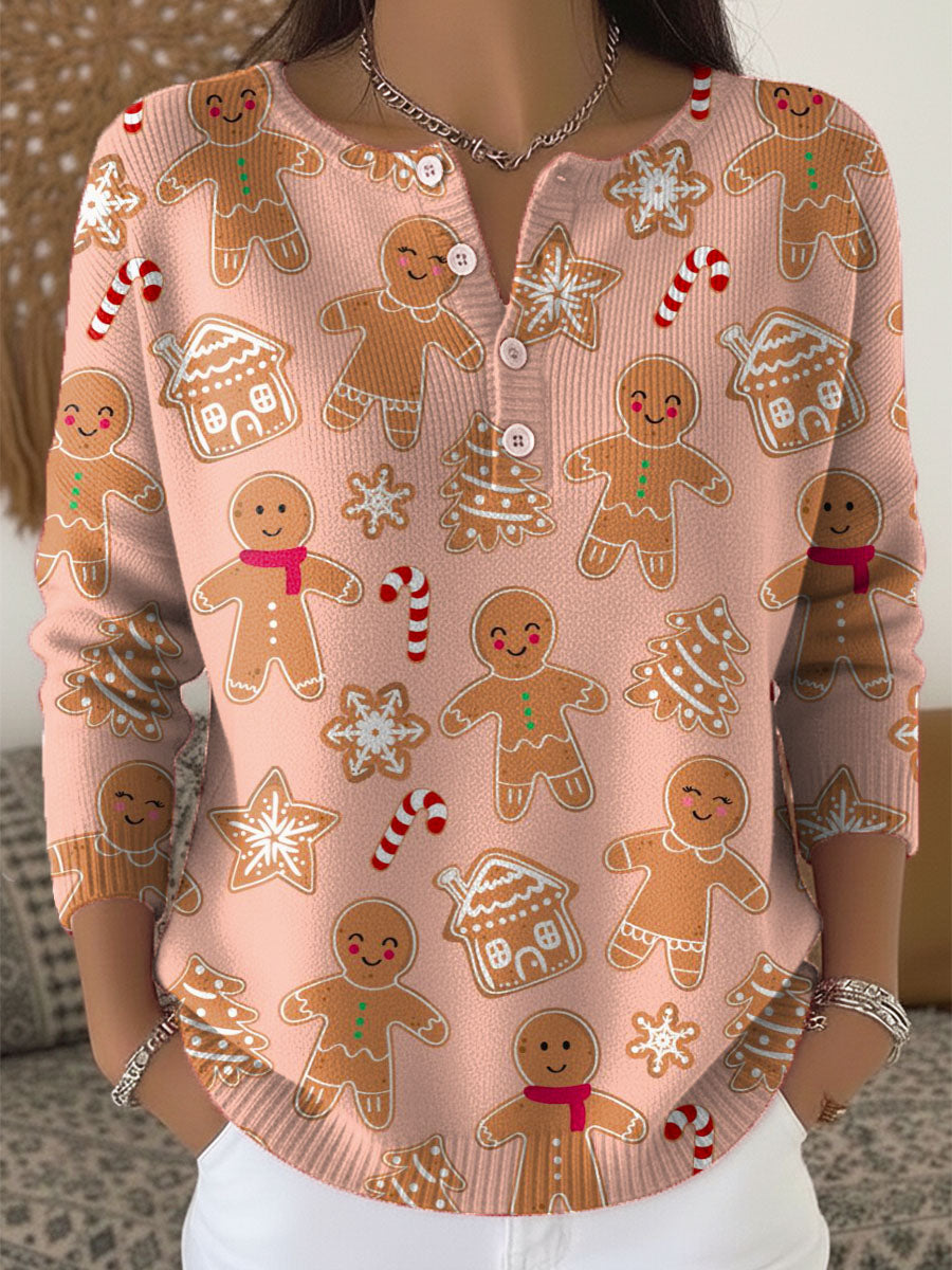 Women's Christmas Gingerbread Art Print Buttoned Cardigan Sweater