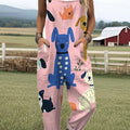 Women's  Funny Dog Art Print Casual 100% Cotton Wide Leg Jumpsuit