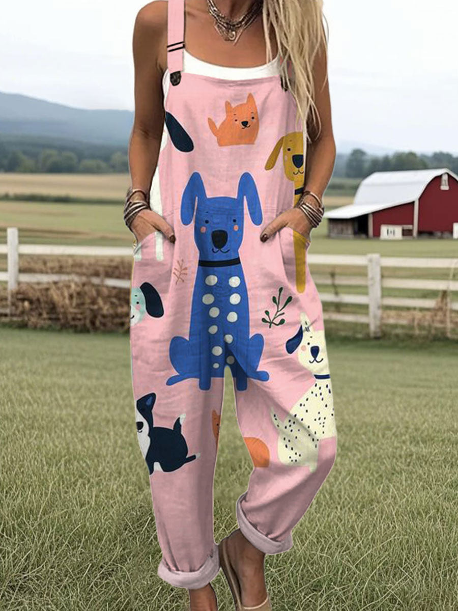 Women's  Funny Dog Art Print Casual 100% Cotton Wide Leg Jumpsuit