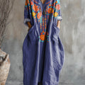 Women's Vintage Ethnic Floral Art Pattern Print Pocket V-neck Cotton Dress