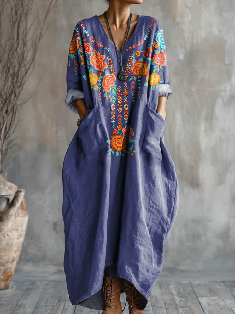 Women's Vintage Ethnic Floral Art Pattern Print Pocket V-neck Cotton Dress
