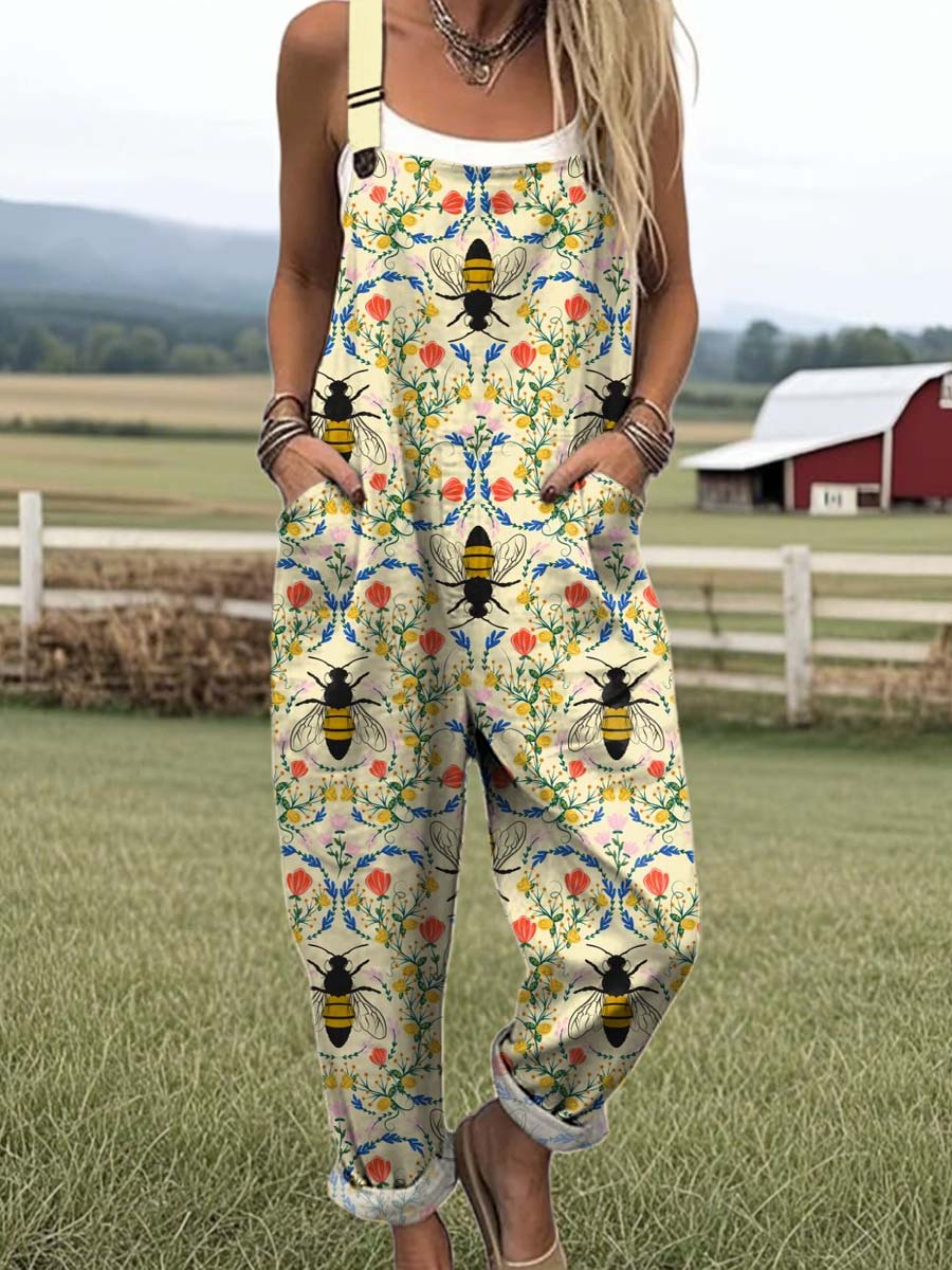 Women's Lovely Floral Bees Art Print Casual 100% Cotton Wide Leg Jumpsuit