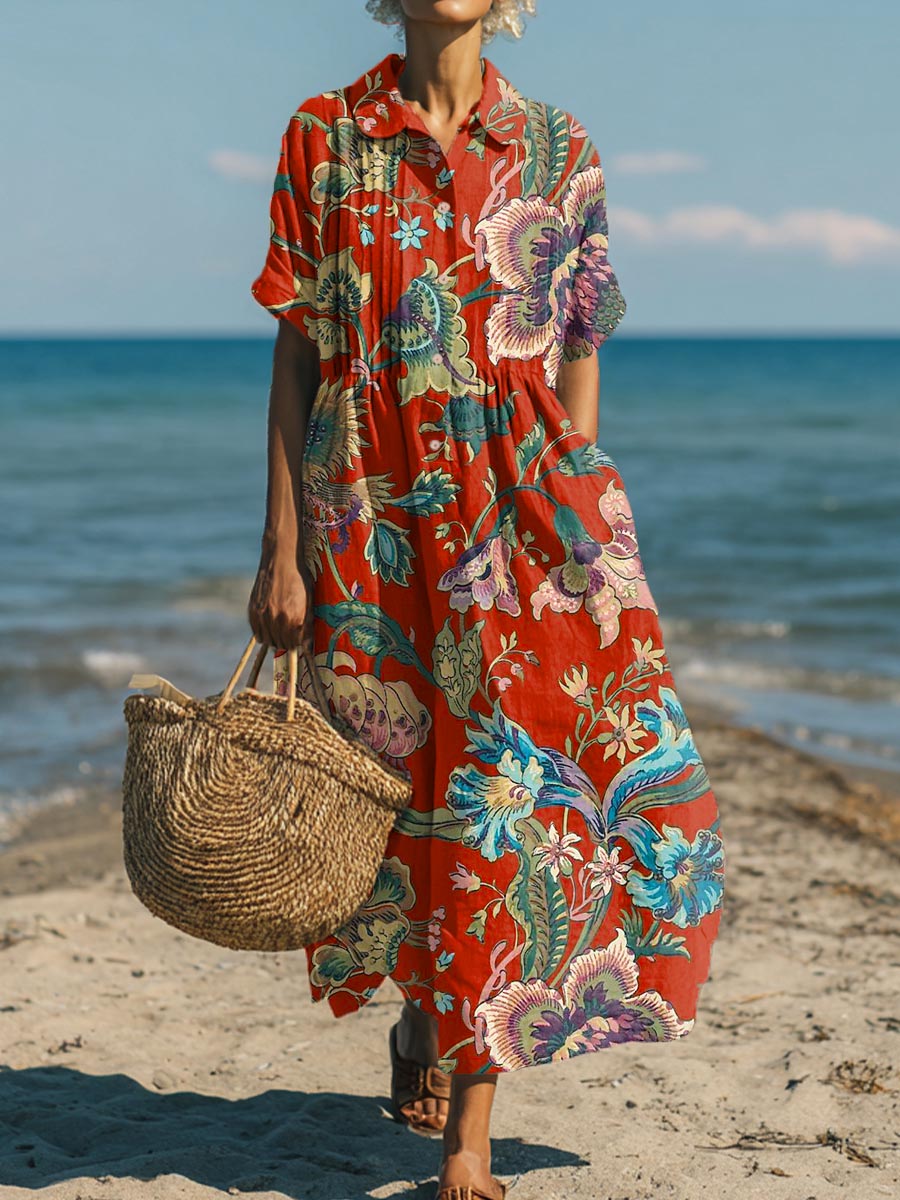 Women's Vintage Floral Pattern Art Print Cotton Dress