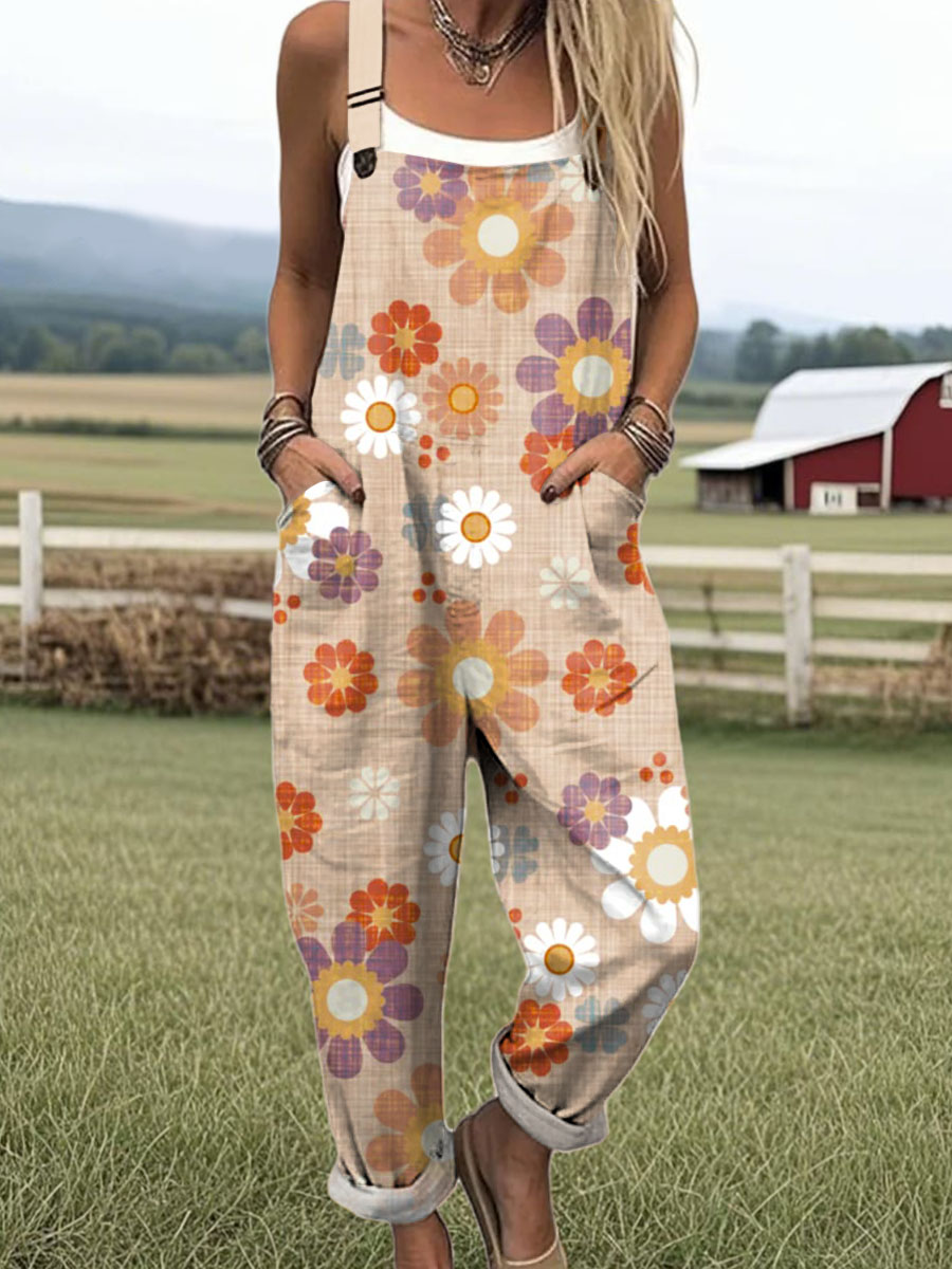 Women's Vintage Floral Art Print Casual 100% Cotton Wide Leg Jumpsuit