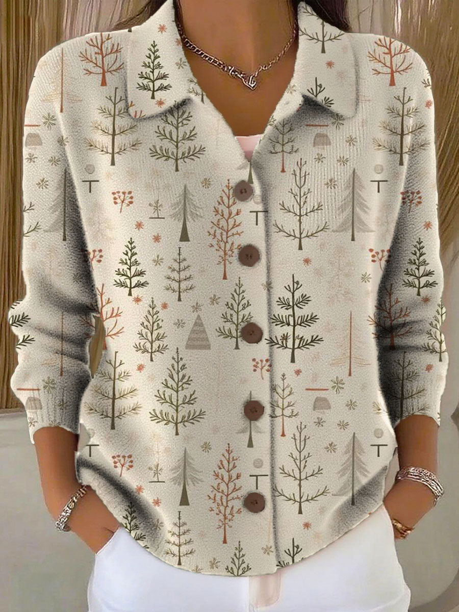 Women's Christmas Tree Art Print Casual Lapel Sweater
