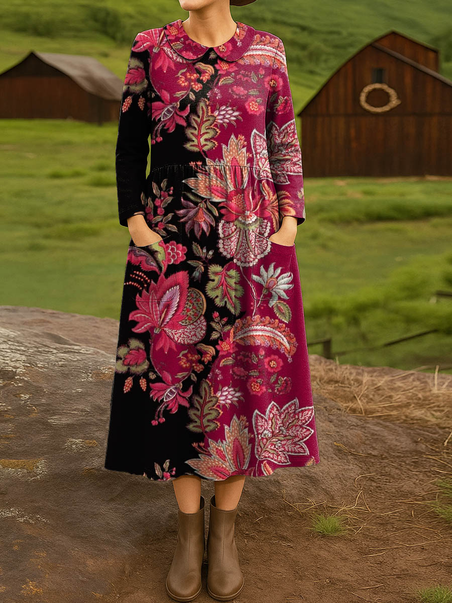 Women's Vintage Floral Art Print Cotton Lapel Shirt Dress