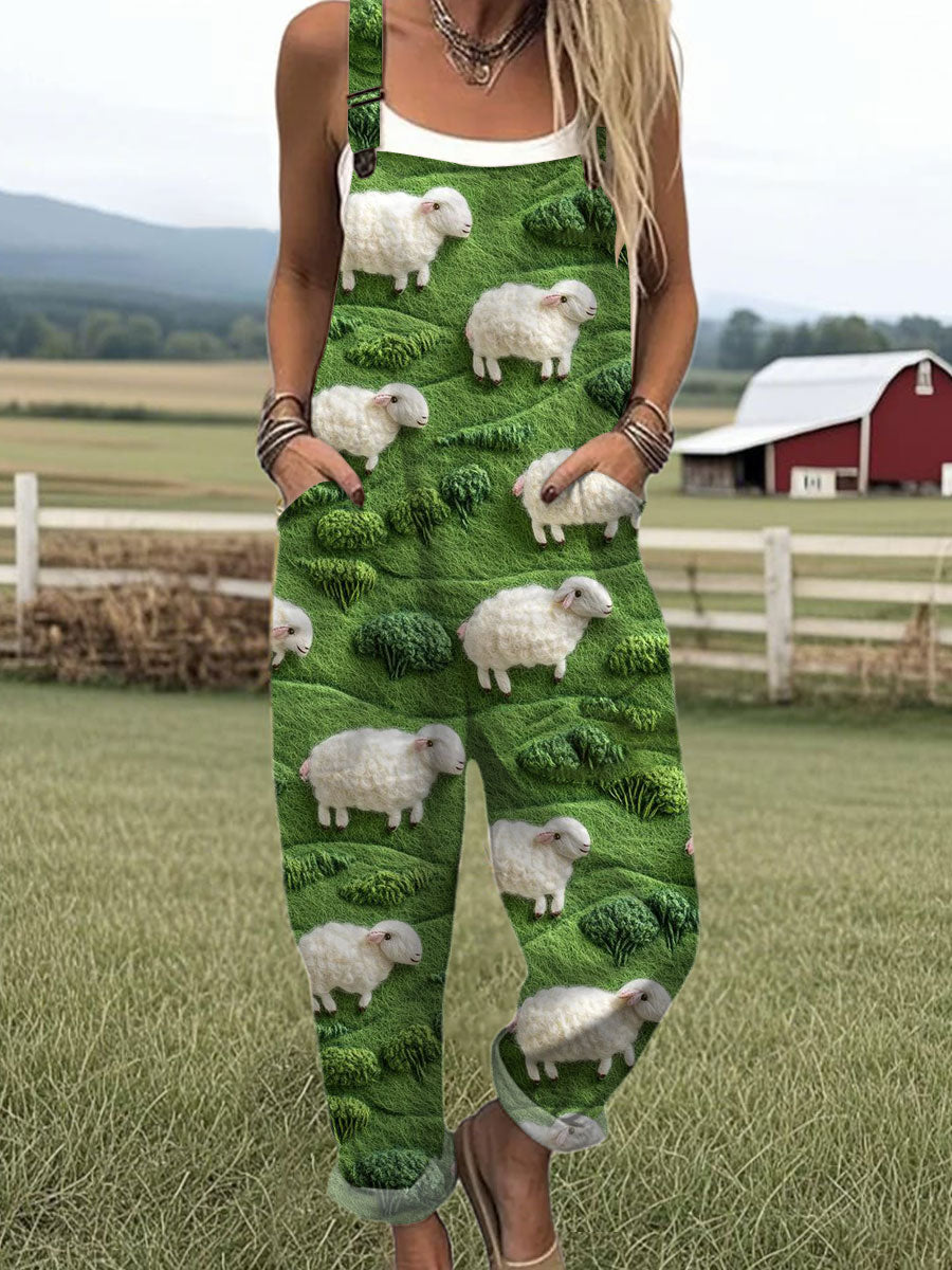 Women's   Funny Sheep Art Print Casual 100% Cotton Wide Leg Jumpsuit