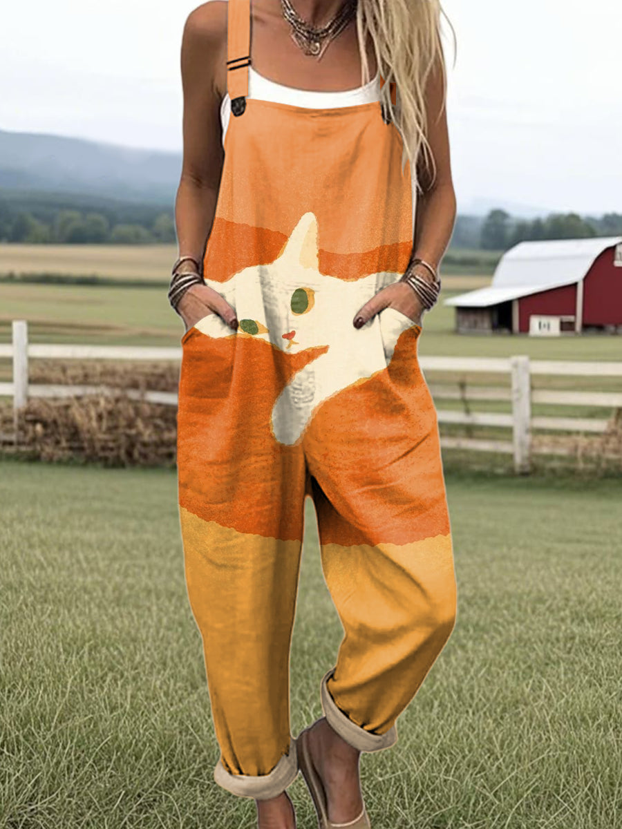 Women's Creative Art Cute Cat Lines Polka Dots Print Casual 100% Cotton Wide Leg Jumpsuit