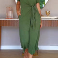Women's Solid Color Round Neck Short Sleeve Casual Cotton and Linen Wide Leg Jumpsuit