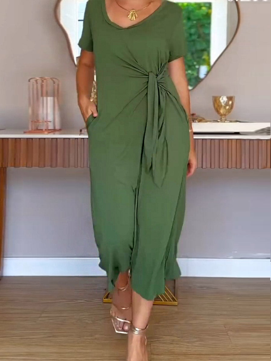 Women's Solid Color Round Neck Short Sleeve Casual Cotton and Linen Wide Leg Jumpsuit