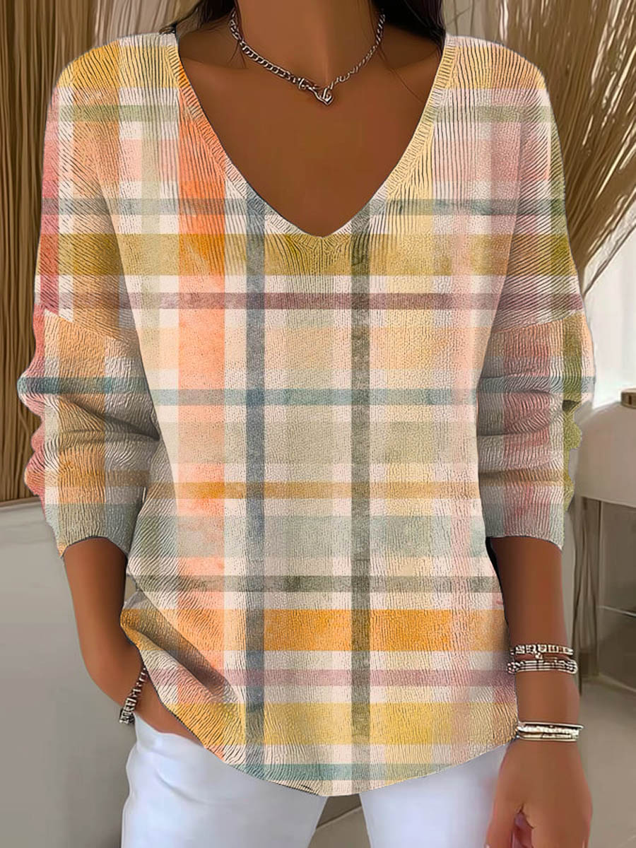 womens-plaid-pattern-art-print-casual-pullover-sweater-mz69