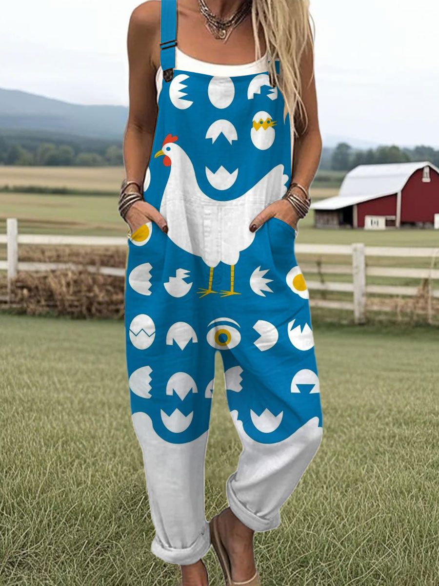 Women's  Farm Funny Chick Art Print Casual 100% Cotton Wide Leg Jumpsuit